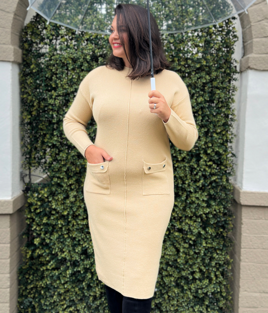 Camel Knitted Midi Pocket Dress