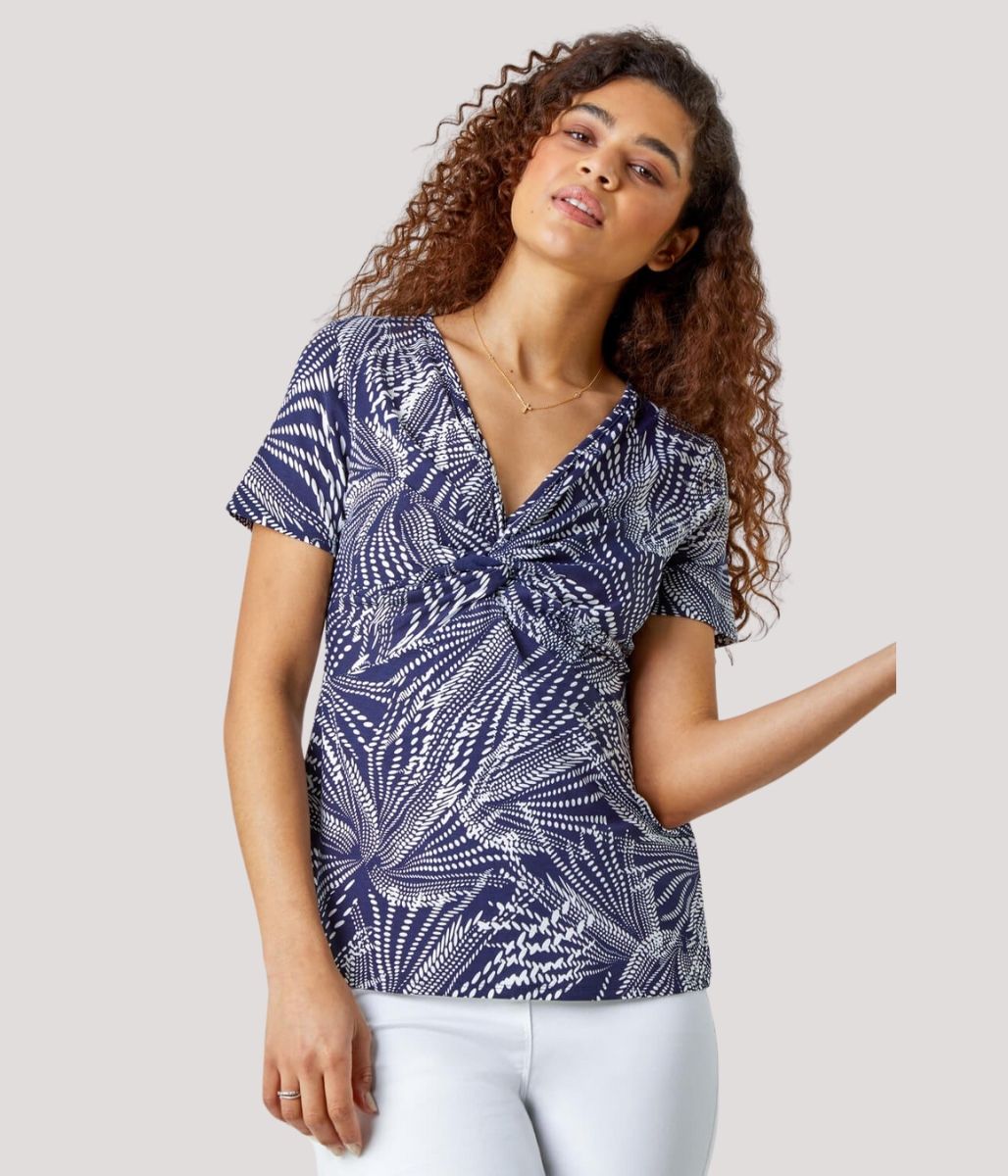 Navy Abstract Twist Front Top