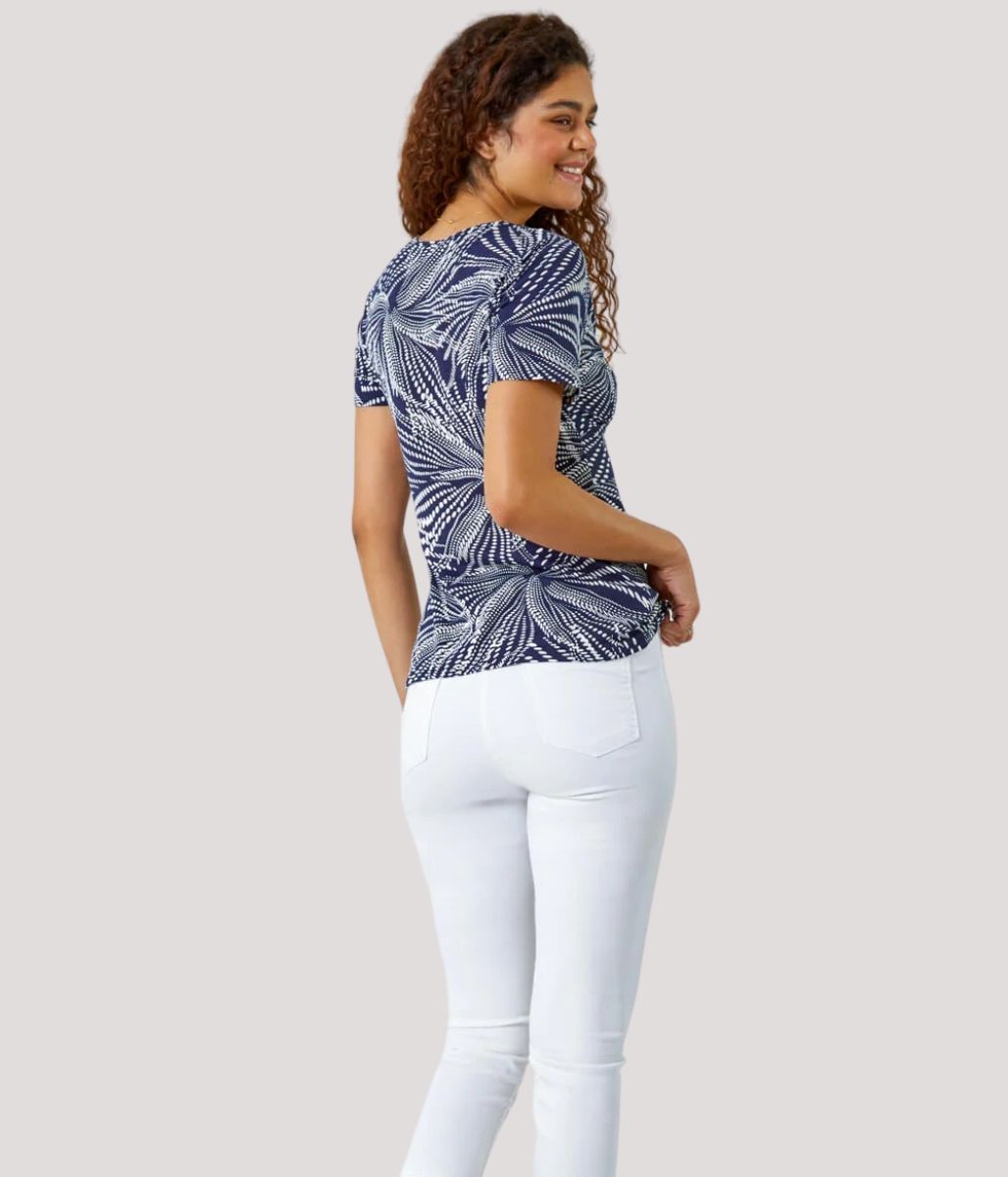 Navy Abstract Twist Front Top