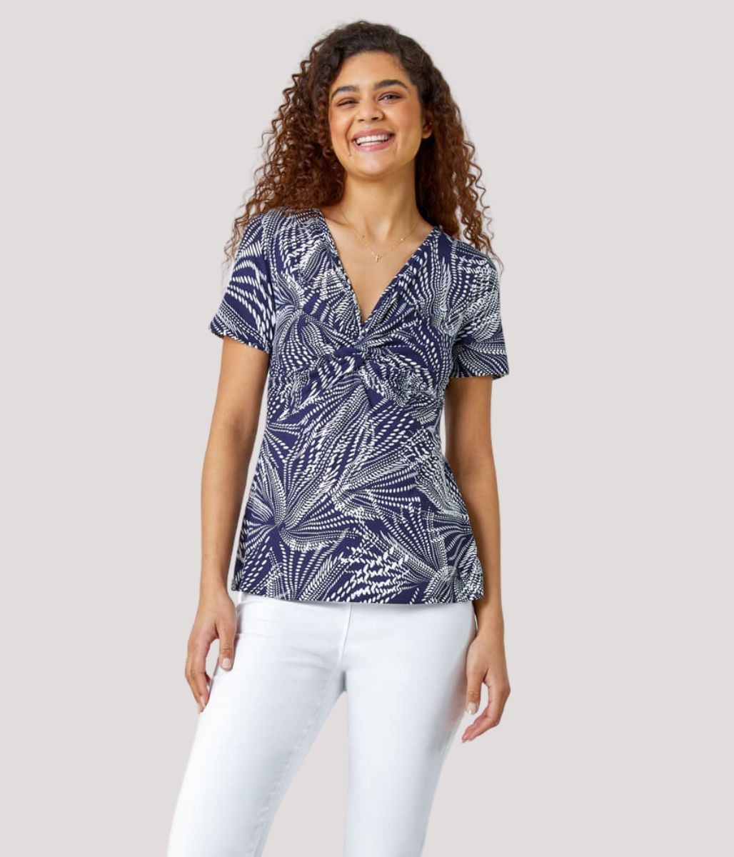 Navy Abstract Twist Front Top