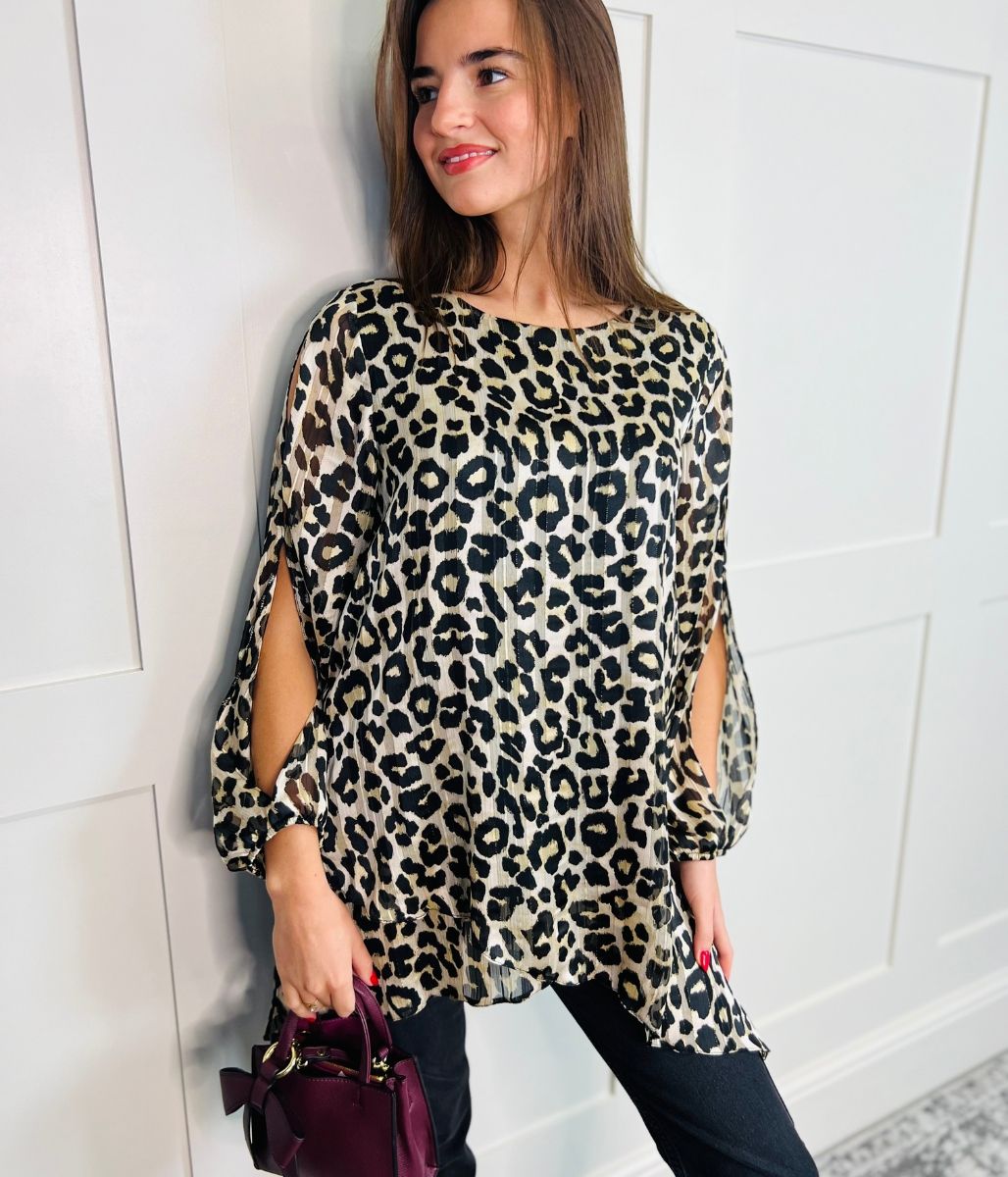 Leopard Print Metallic Tunic Top