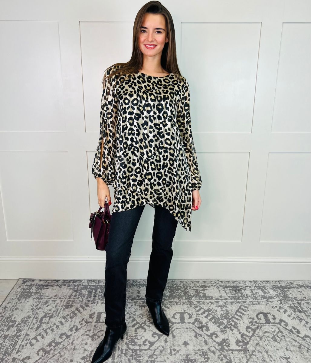 Leopard Print Metallic Tunic Top