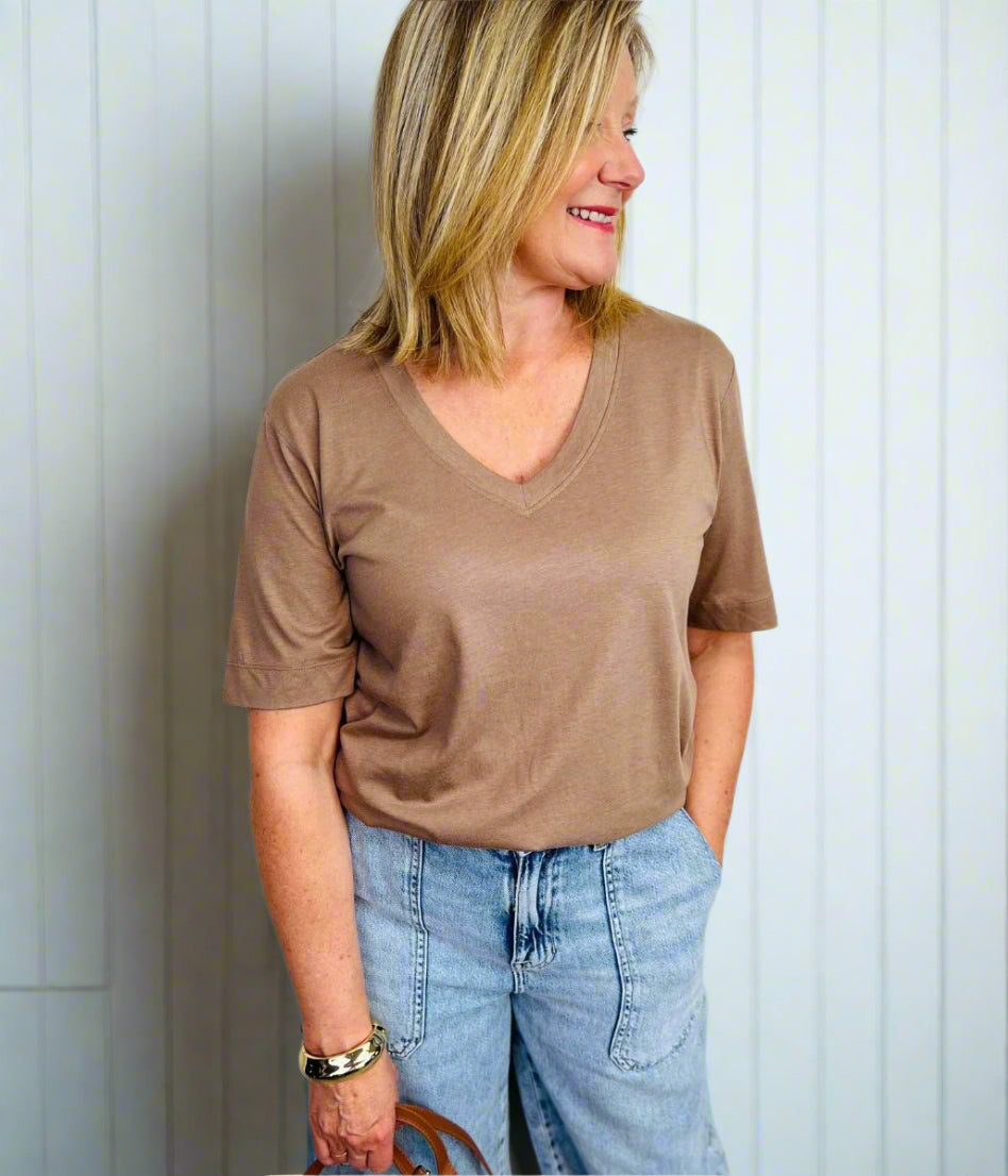 Beige Cotton Modal Slouch V-Neck T-Shirt