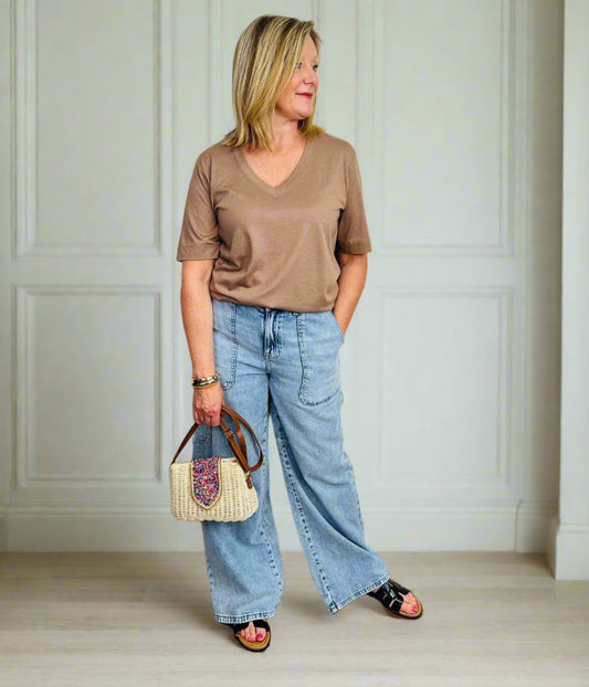 Beige Cotton Modal Slouch V-Neck T-Shirt