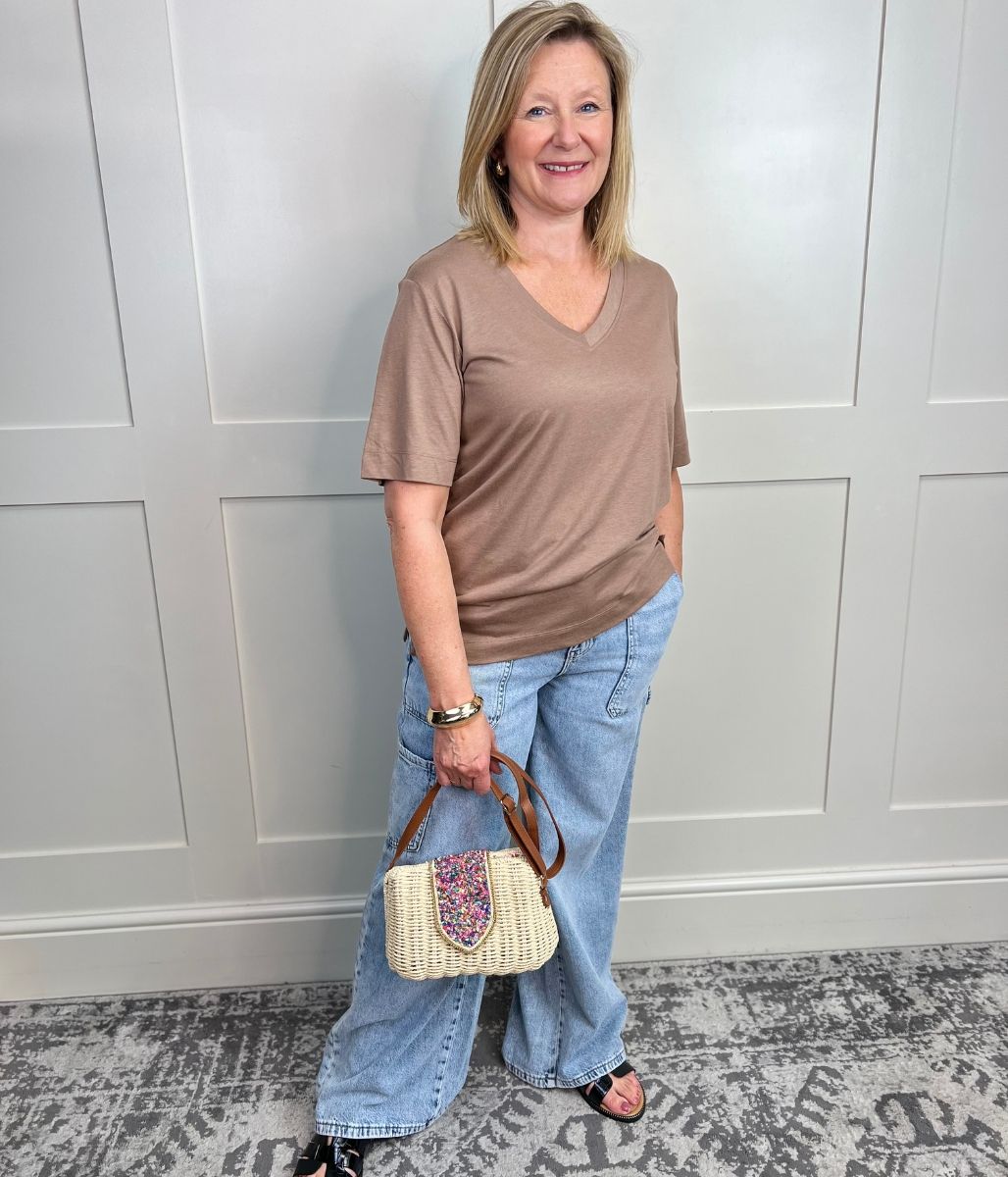 Beige Cotton Modal Slouch V-Neck T-Shirt