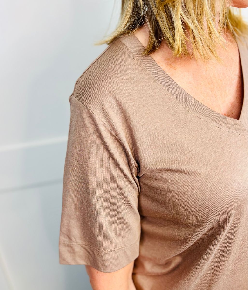 Beige Cotton Modal Slouch V-Neck T-Shirt