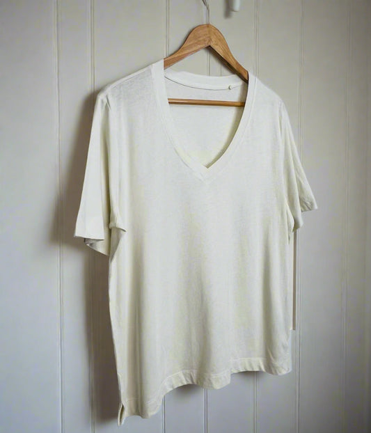 Ivory Cotton Modal Slouch V-Neck T-Shirt