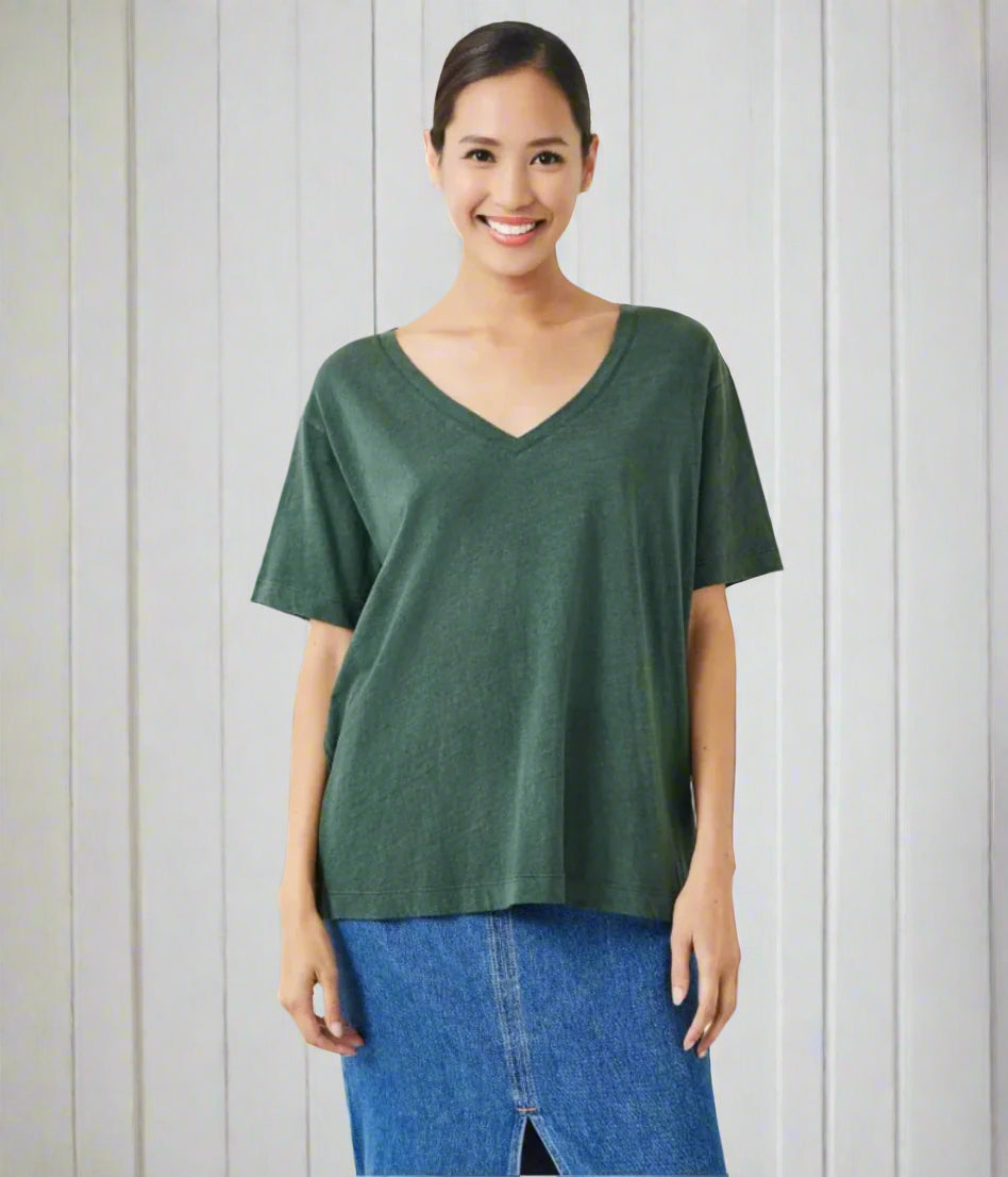 Green Linen Blend V Neck T Shirt