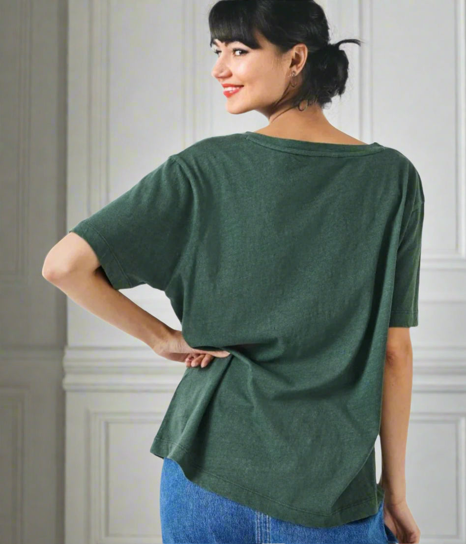 Green Linen Blend V Neck T Shirt