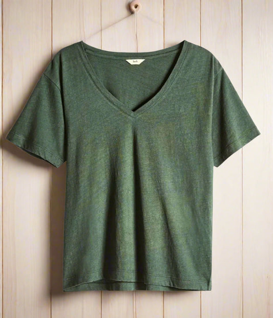 Green Linen Blend V Neck T Shirt