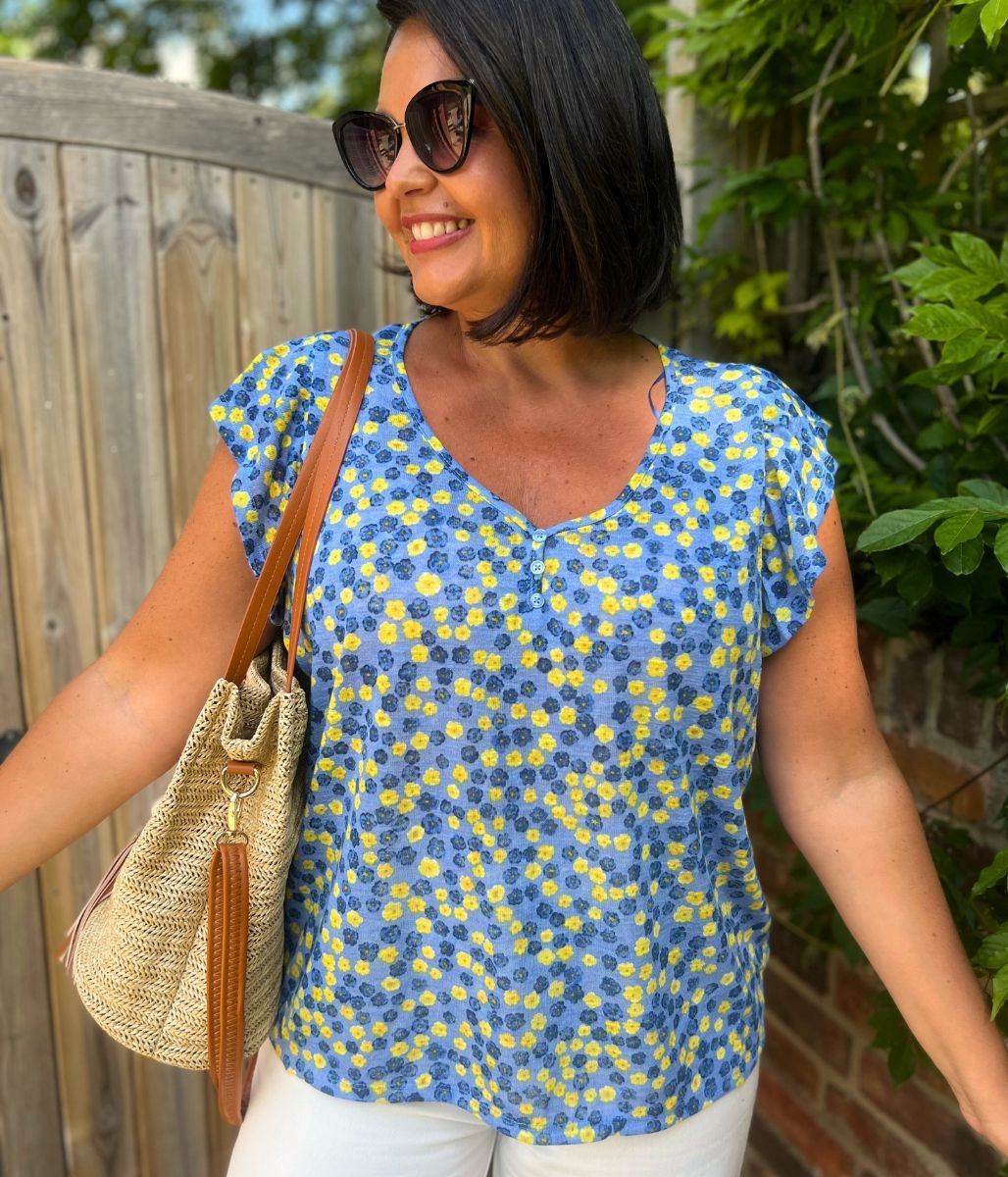 Blue Print Frill Sleeve Top