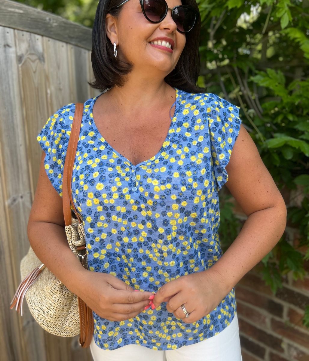 Blue Print Frill Sleeve Top