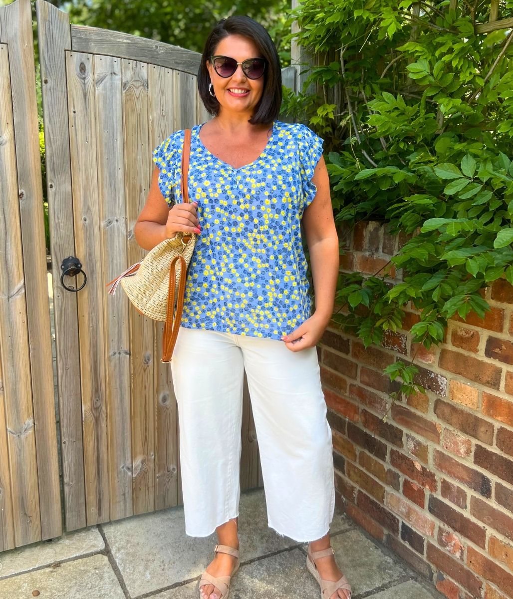 Blue Print Frill Sleeve Top