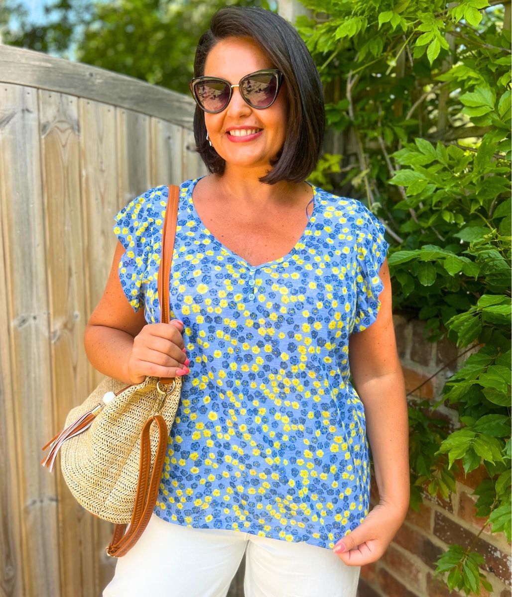 Blue Print Frill Sleeve Top