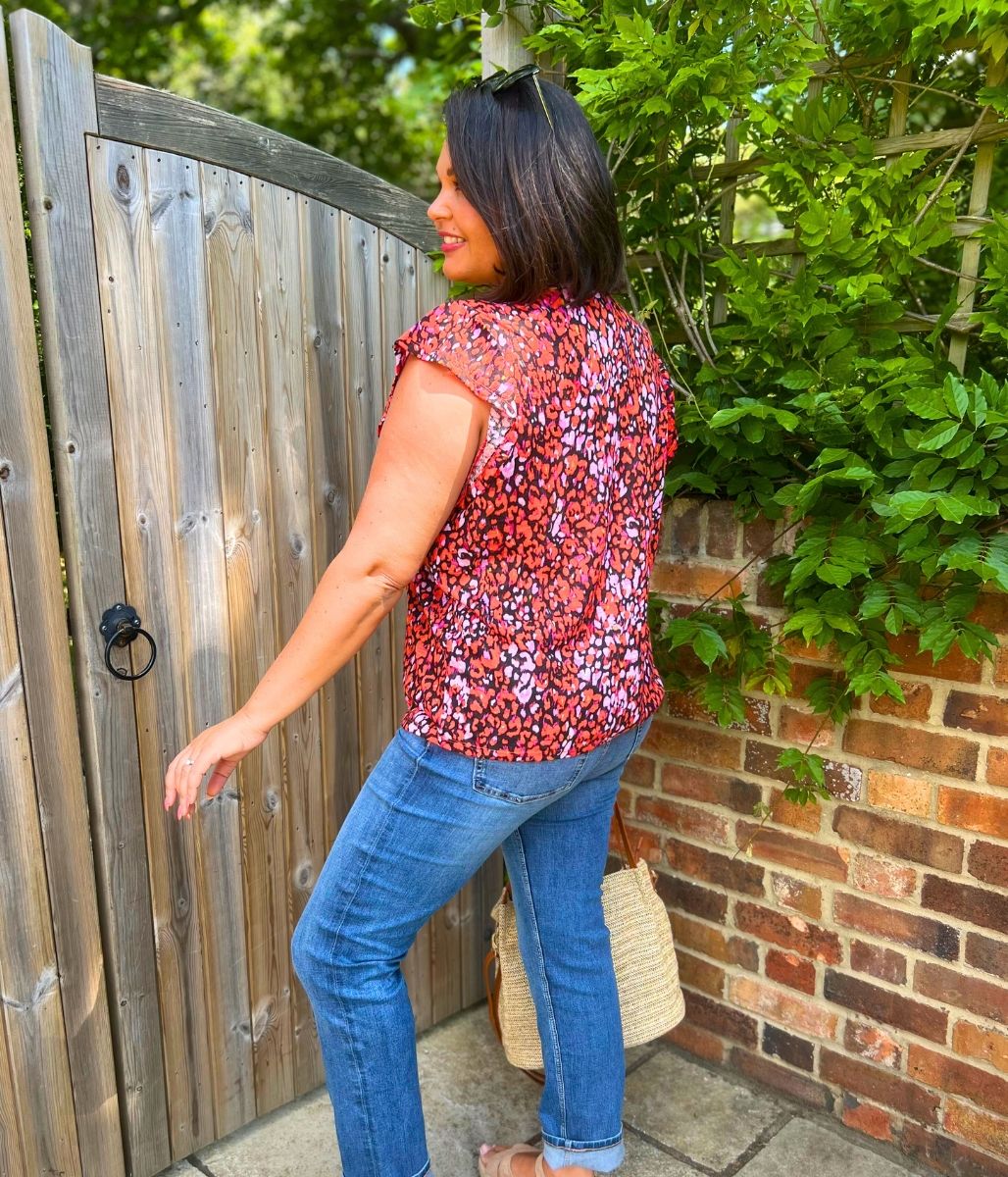 Red Print Frill Sleeve Top