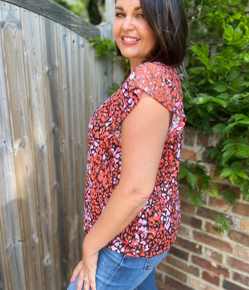 Red Print Frill Sleeve Top