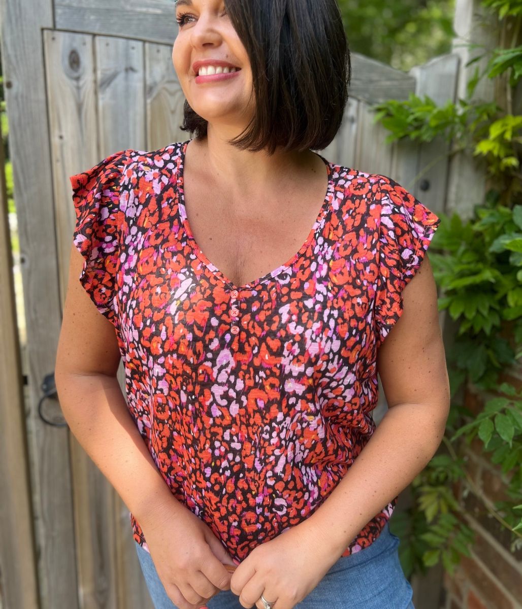 Red Print Frill Sleeve Top