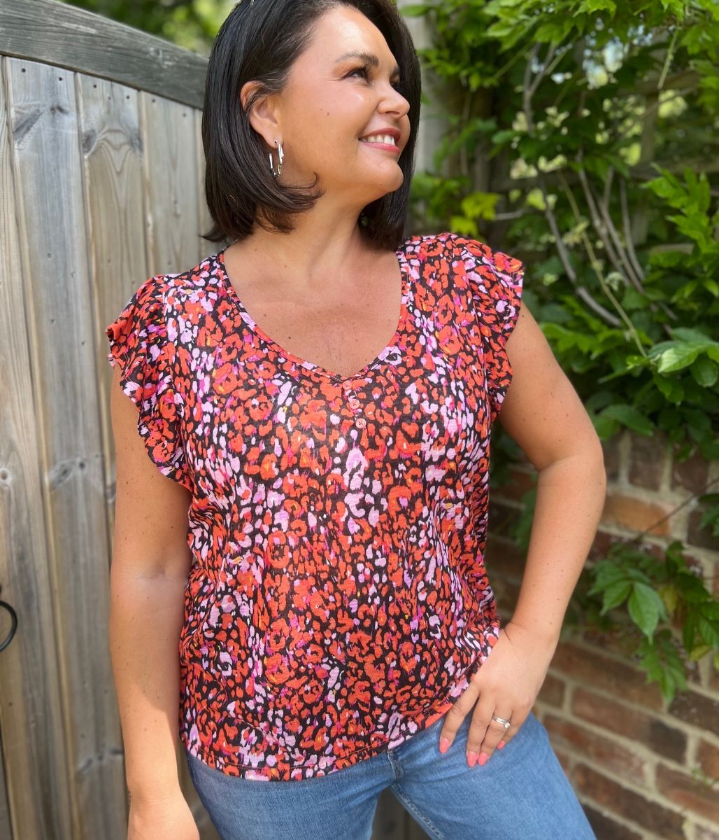 Red Print Frill Sleeve Top