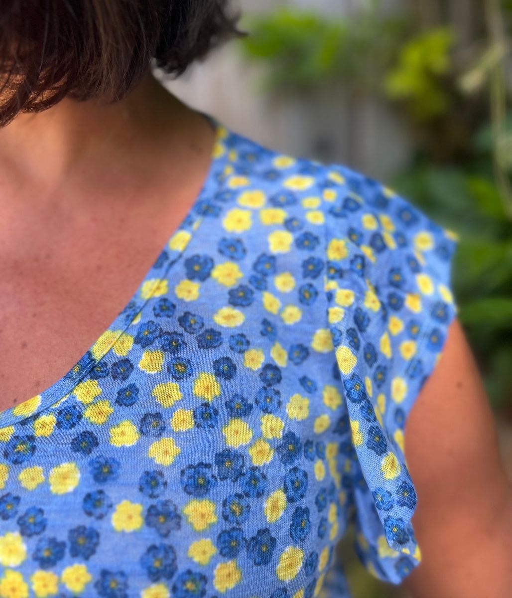 Blue Print Frill Sleeve Top