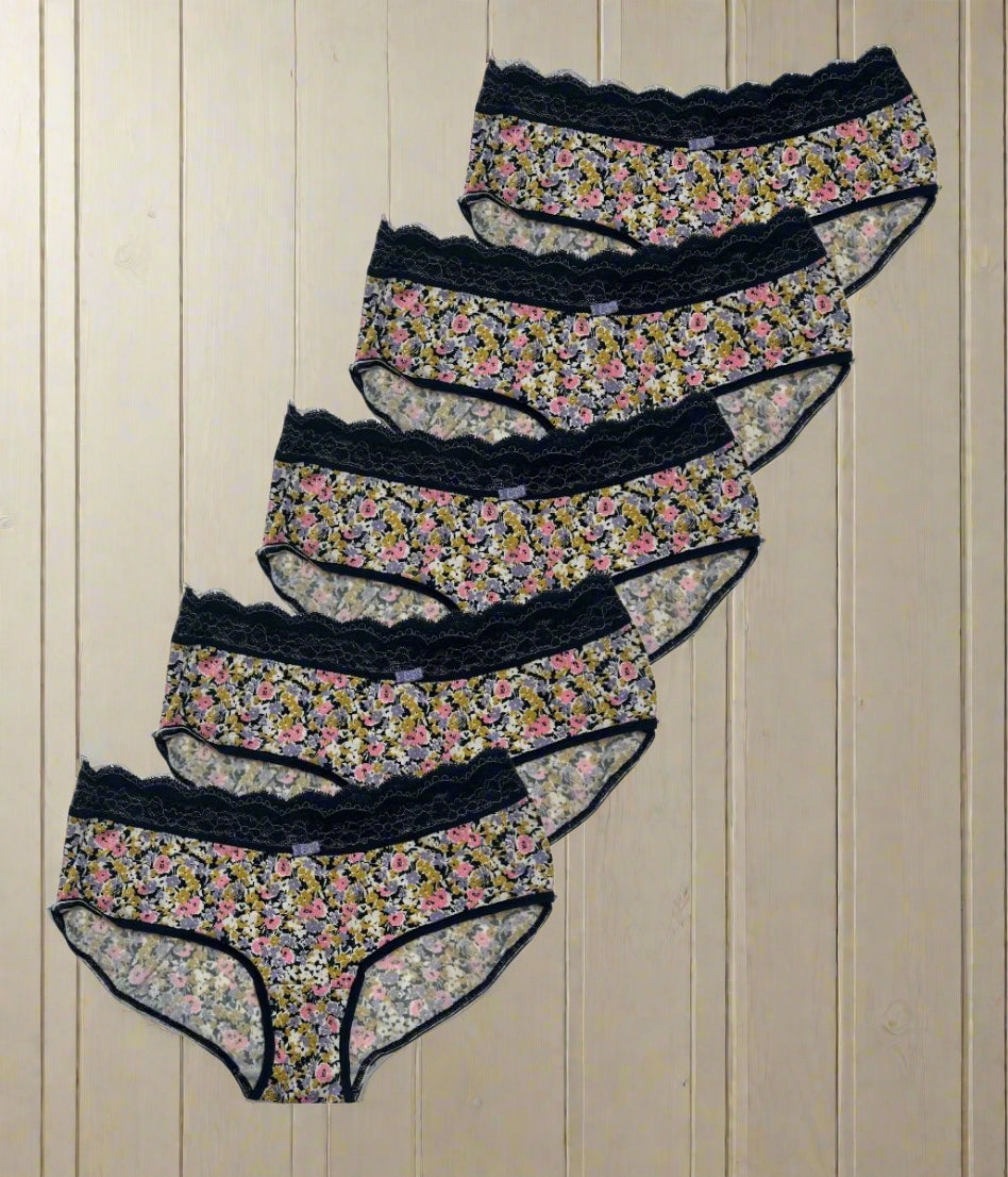 Floral 5 Pack Lace Trim Midi Briefs