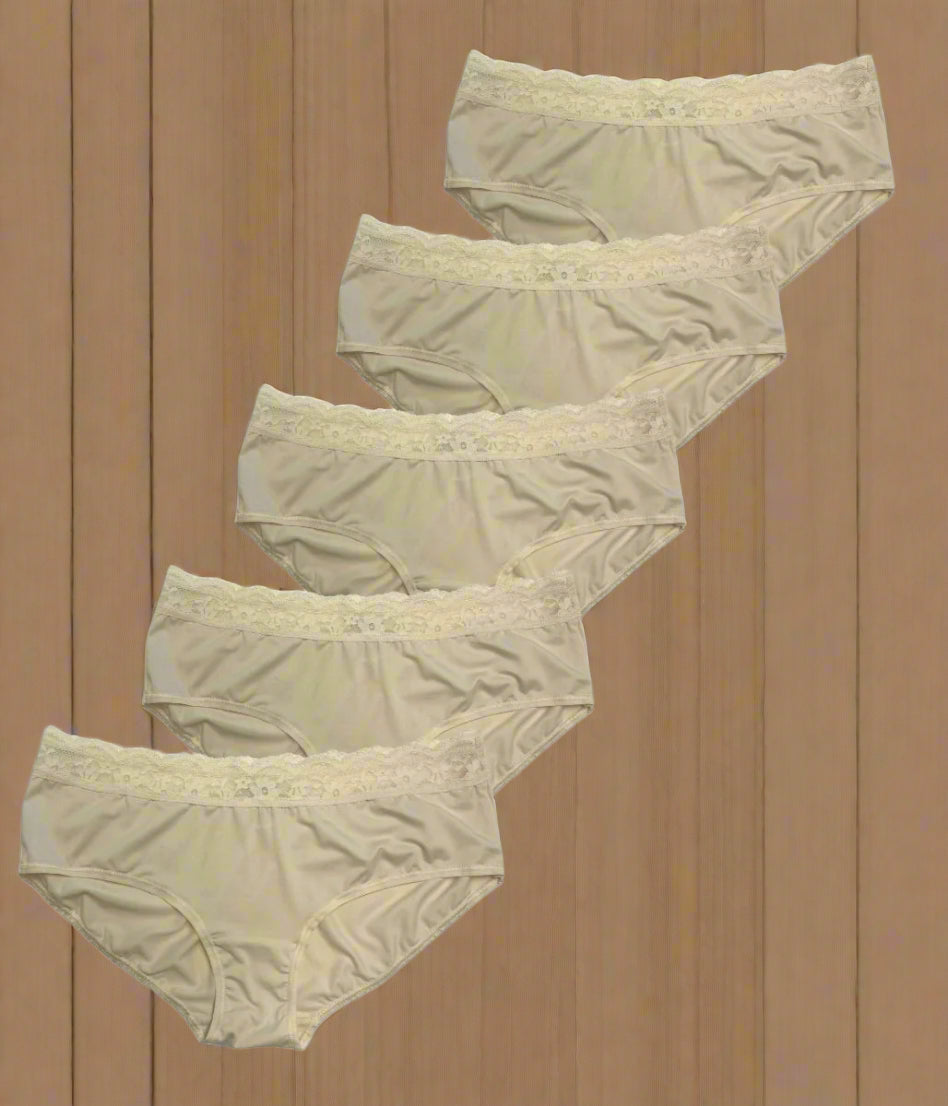 Ivory 5 Pack Lace Trim Midi Briefs