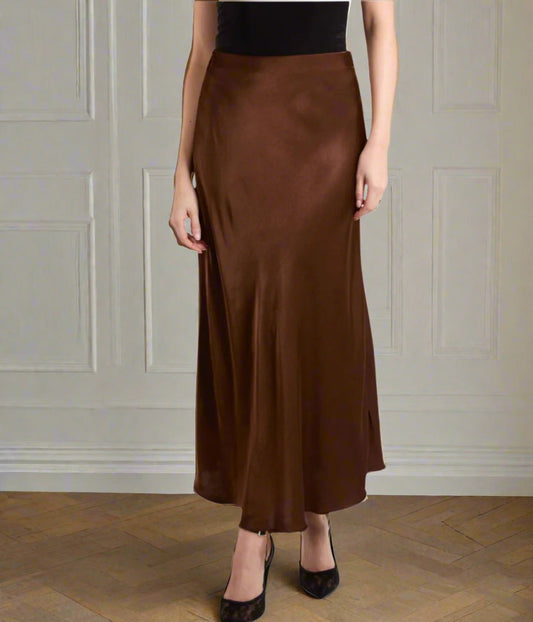 Chocolate Brown Satin Slip Midi Skirt