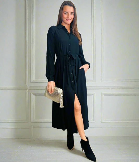 Chrissie Black Belted Midaxi Shirt Dress