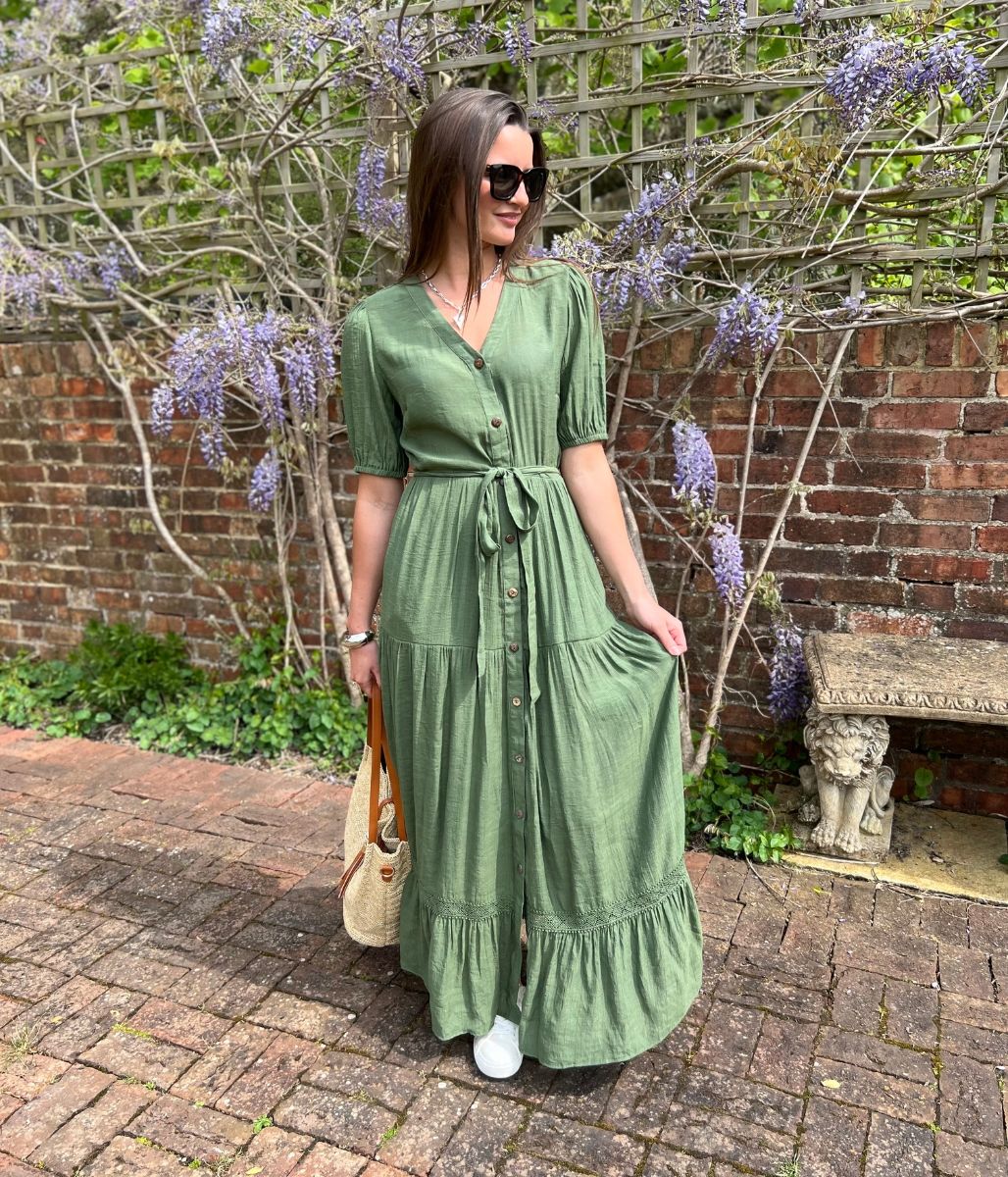 Khaki Button Through Maxi Dress