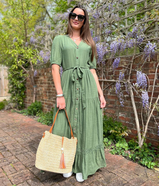 Khaki Button Through Maxi Dress