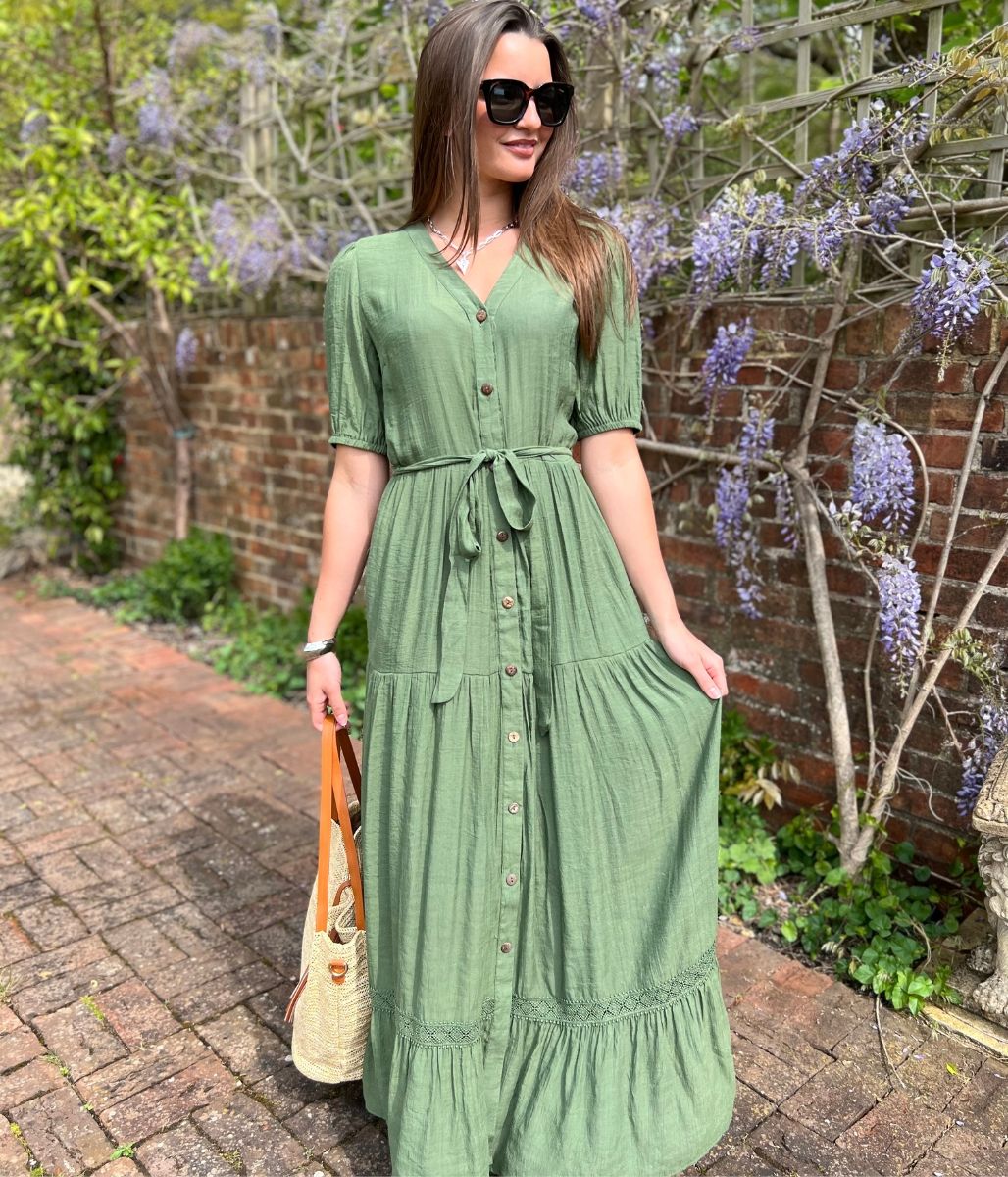 Khaki Button Through Maxi Dress