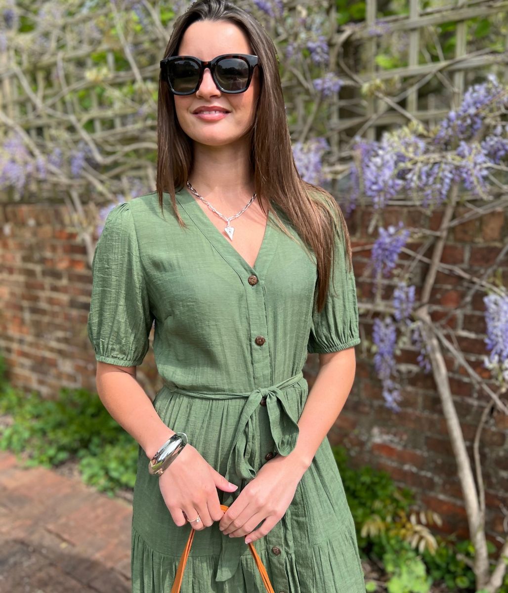 Khaki Button Through Maxi Dress