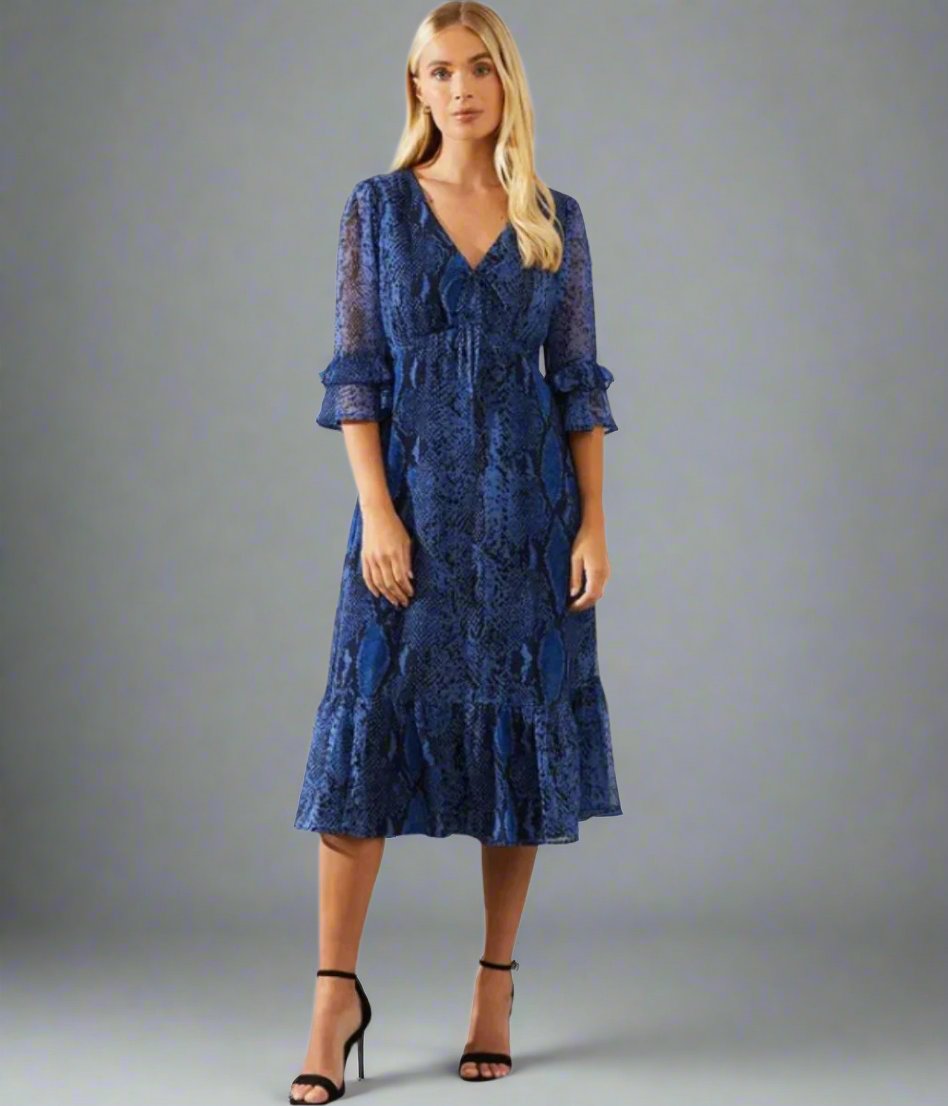 Blue Snake Print Midi Tea Dress
