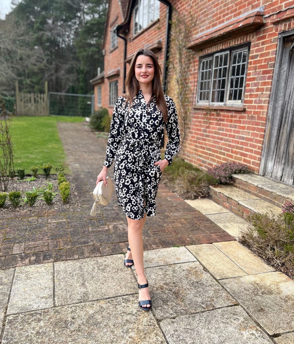 Black Flower Long Sleeve Shirt Dress