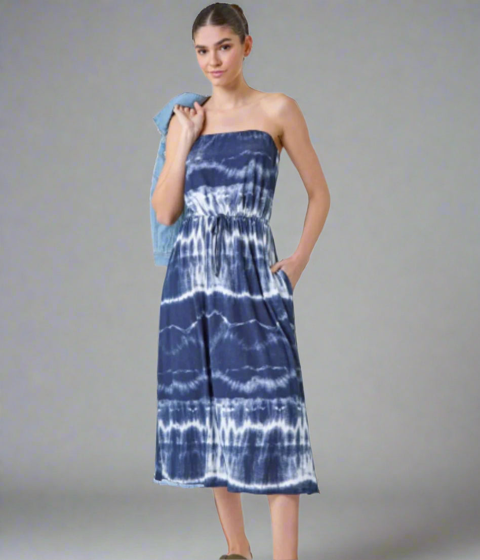 Navy Tie Dye Bandeau Midi Dress