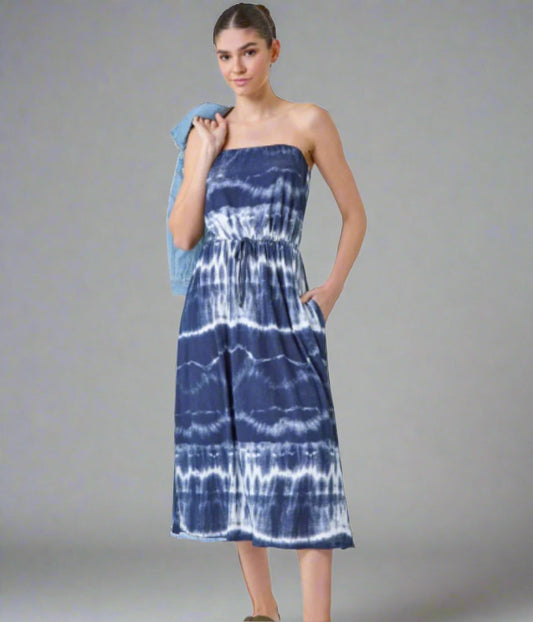 Navy Tie Dye Bandeau Midi Dress
