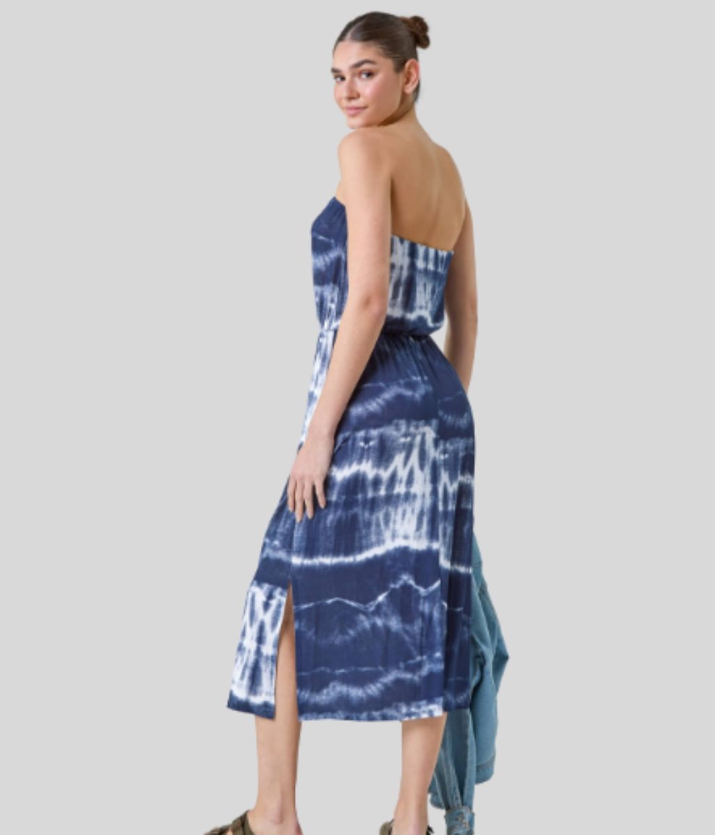 Navy Tie Dye Bandeau Midi Dress