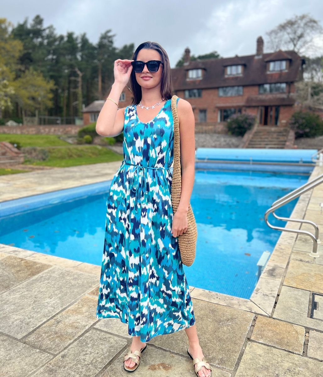Blue Abstract Sleeveless Jersey Sundress