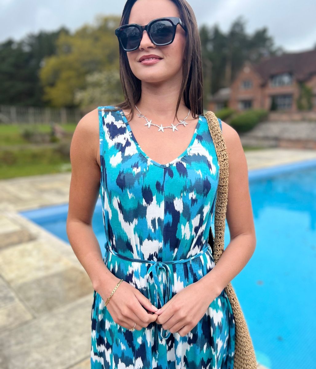 Blue Abstract Sleeveless Jersey Sundress