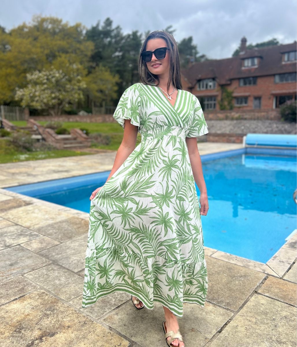 Green Raya Tropical Print Sundress