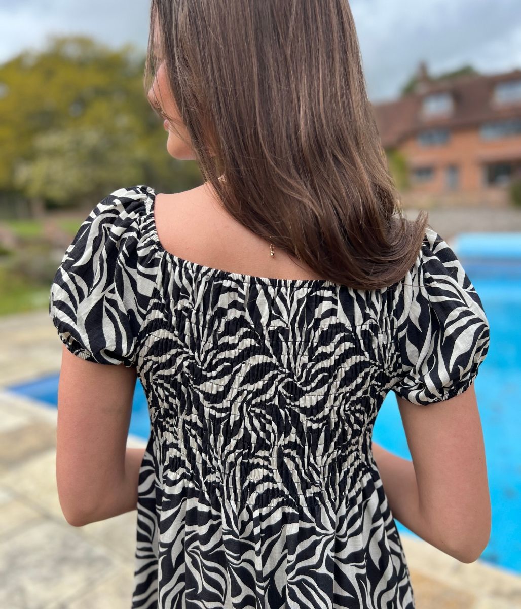 Black Phoebe Leaf Print Shirred Dress