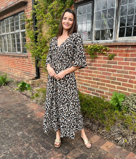 Leopard Print Shirred Waist Midaxi Dress