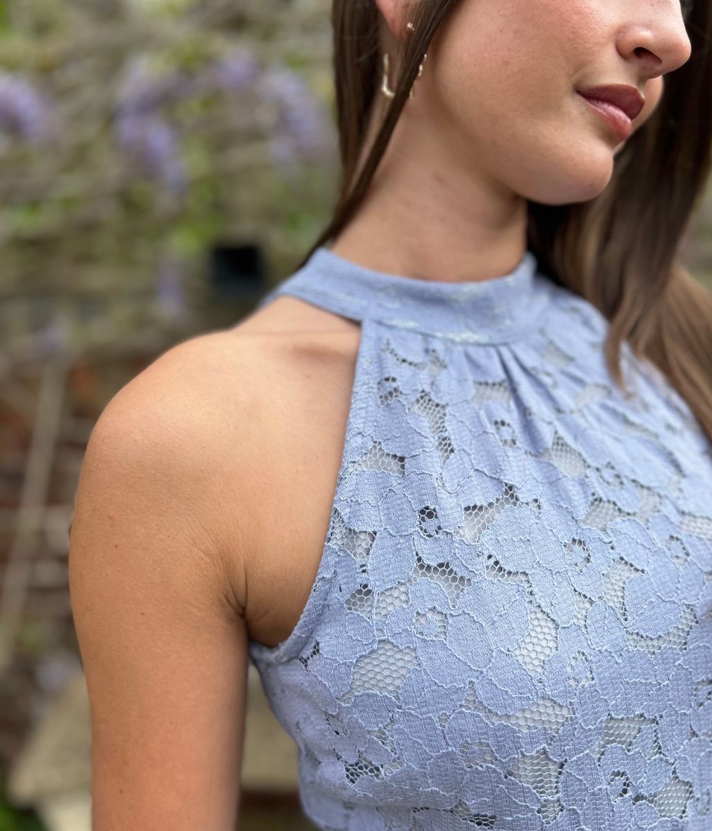 Pale Blue Lace Halter Neck Dress