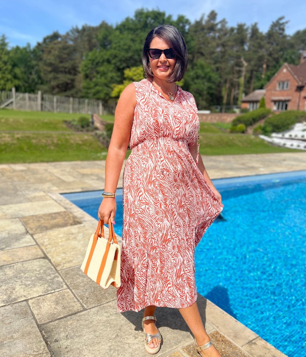 Orange Santorini Shirred Waist Midi Dress