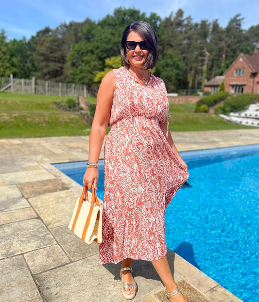 Orange Santorini Shirred Waist Midi Dress