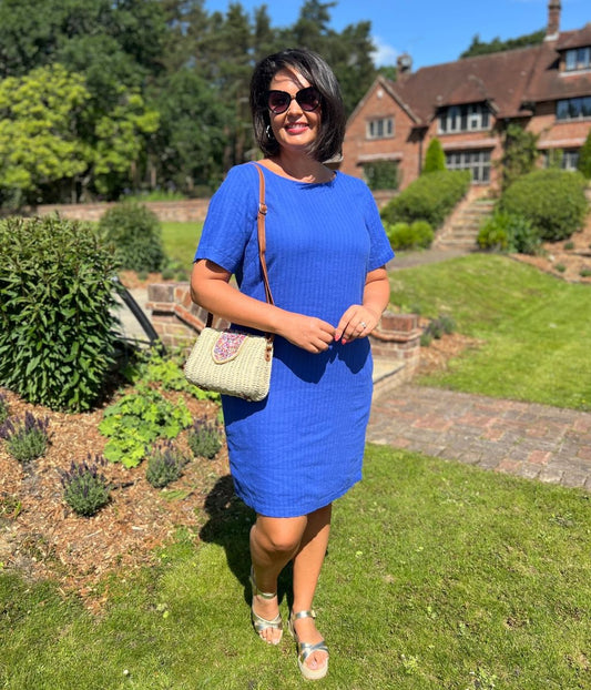 Blue Self Stripe Linen Blend Dress -Seconds