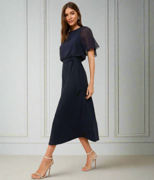 Navy Scuba Chiffon Flutter Sleeve Midi Dress