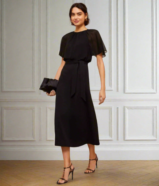 Black Scuba Chiffon Flutter Sleeve Midi Dress