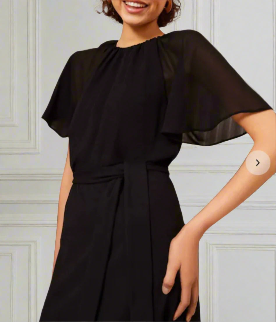 Black Scuba Chiffon Flutter Sleeve Midi Dress