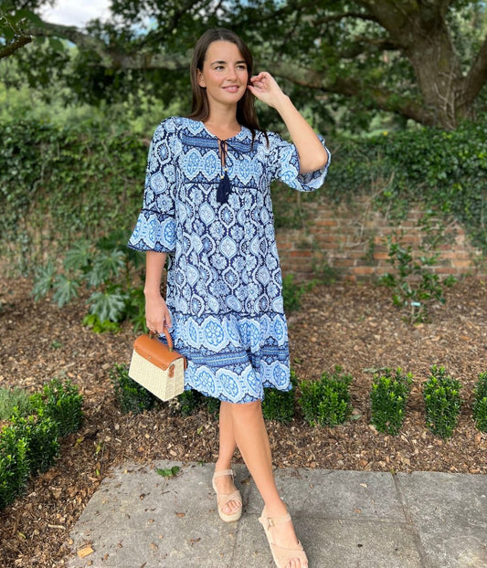 Blue Boho Shirred Printed Tassel Dress