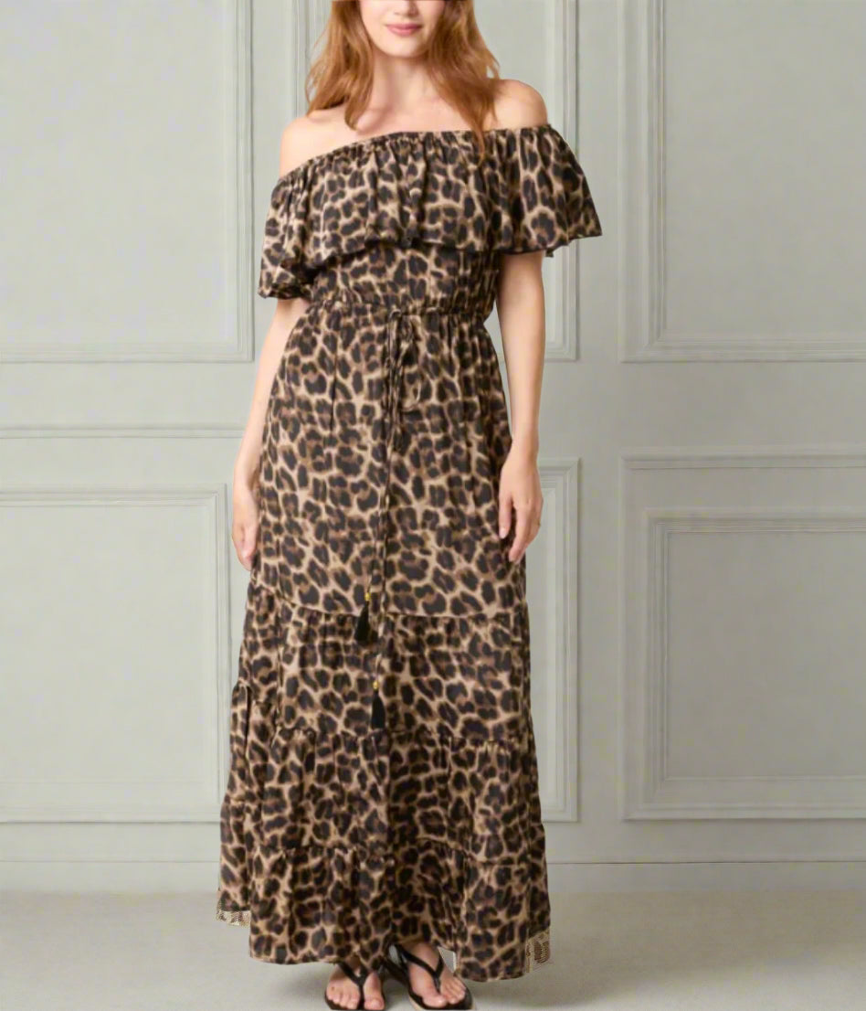 Leopard Print Bardot Midaxi Dress